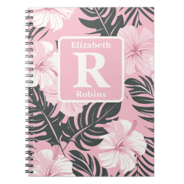 Cuaderno Monograma personalizado del hibisco rosa tropical