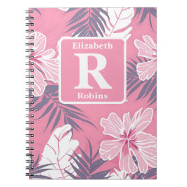 Cuaderno Monograma personalizado del hibisco rosa tropical