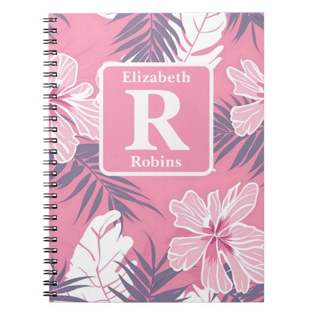 Cuaderno Monograma personalizado del hibisco rosa tropical (Frente)