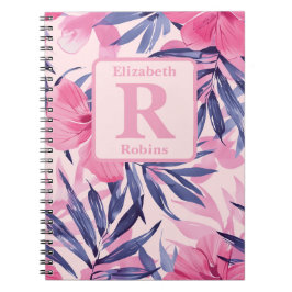Cuaderno Monograma personalizado del hibisco rosa tropical