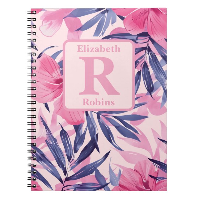 Cuaderno Monograma personalizado del hibisco rosa tropical (Frente)