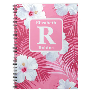 Cuaderno Monograma personalizado del hibisco rosa tropical