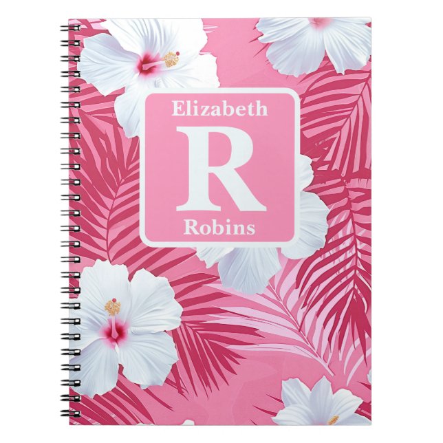 Cuaderno Monograma personalizado del hibisco rosa tropical (Frente)
