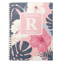 Cuaderno Monograma personalizado del hibisco rosa tropical