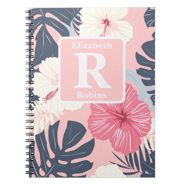 Cuaderno Monograma personalizado del hibisco rosa tropical (Frente)