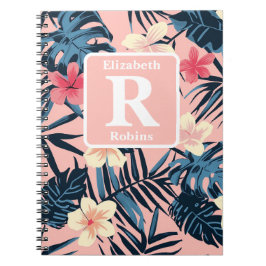 Cuaderno Monograma personalizado del hibisco rosa tropical