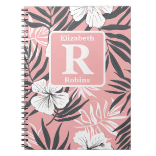 Cuaderno Monograma personalizado del hibisco rosa tropical