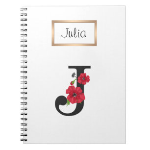 Cuaderno Monograma personalizado editable j texto flor roja