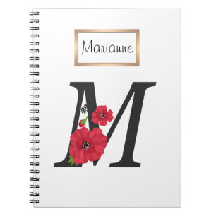 Cuaderno Monograma personalizado editable M texto flor roja