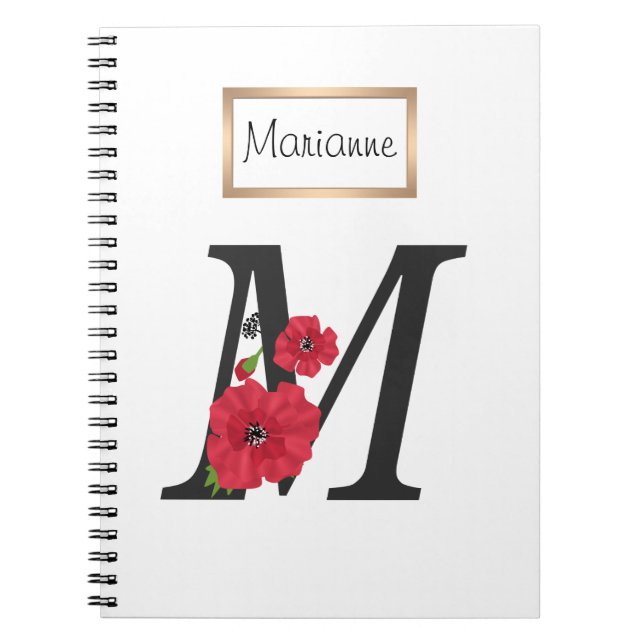 Cuaderno Monograma personalizado editable M texto flor roja (Frente)