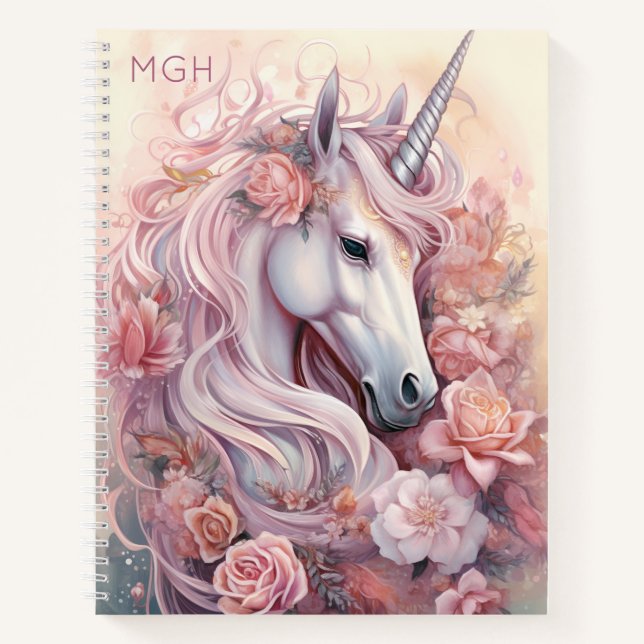 Cuaderno Monograma personalizado lindo unicornio (Anverso)
