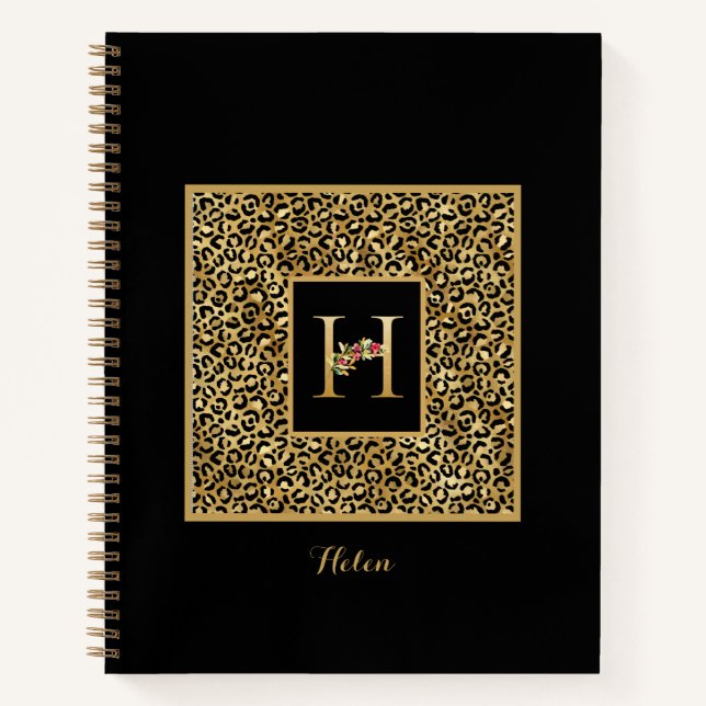 Cuaderno Monograma personalizado moderno de leopardo dorado (Anverso)
