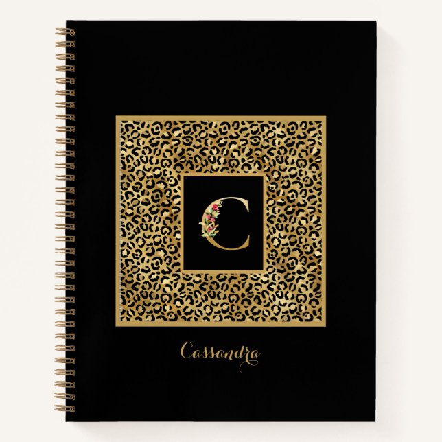Cuaderno Monograma personalizado moderno de leopardo dorado (Anverso)