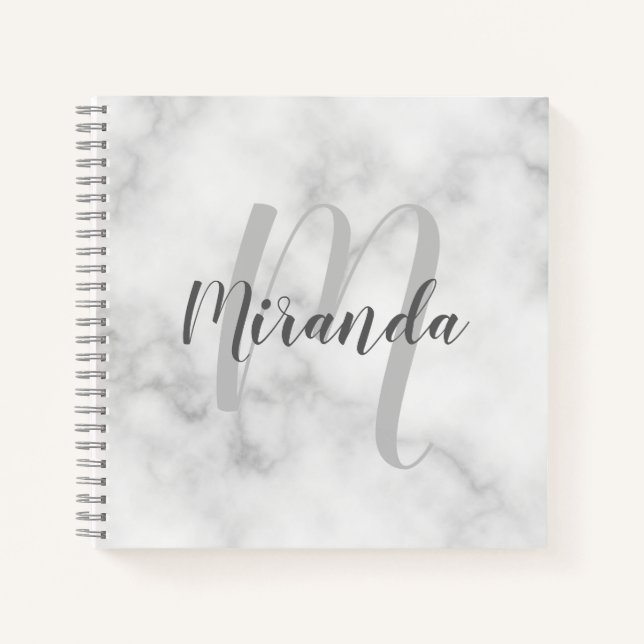 Cuaderno Monograma personalizado moderno y nombre mármol bl (Anverso)