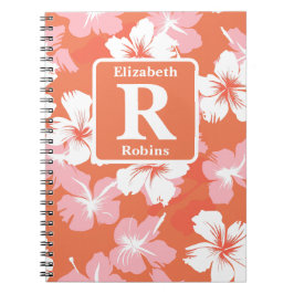 Cuaderno Monograma personalizado naranja tropical hibisco