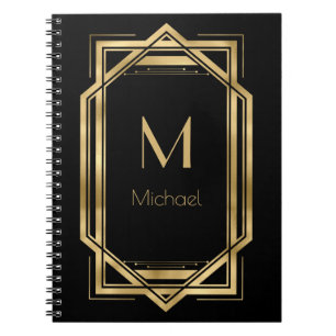Cuaderno Monograma Personalizado Negro y Dorado   Geométric