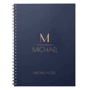 Cuaderno Monograma Personalizado   Nombre Azul Marino y Dor