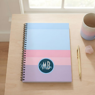 Cuaderno Monograma Personalizado Rosa Pastel y Raya Azul