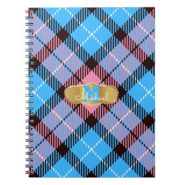 Cuaderno Monograma personalizado Tartán azul rosado