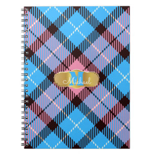Cuaderno Monograma personalizado Tartán azul rosado