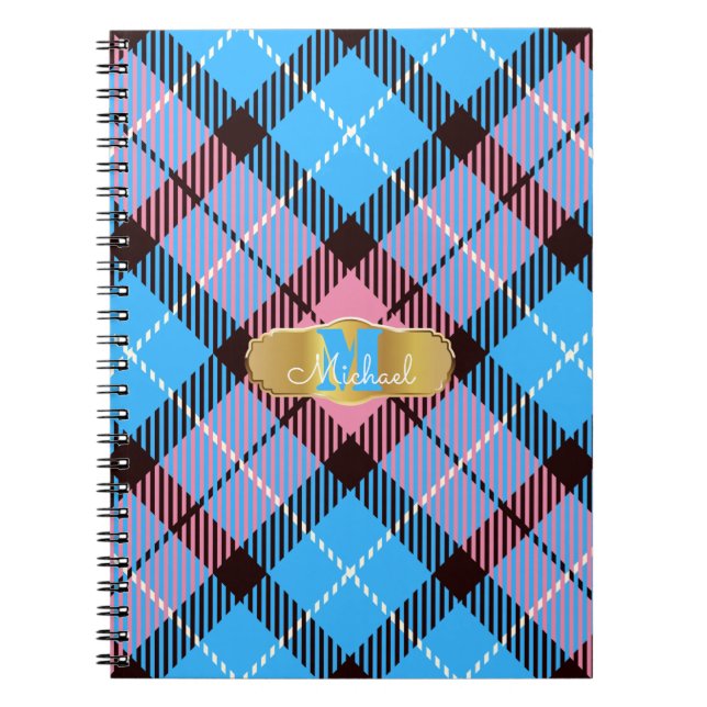 Cuaderno Monograma personalizado Tartán azul rosado (Frente)
