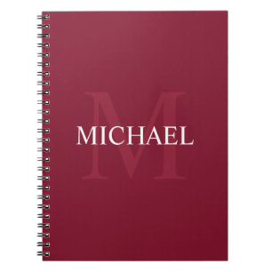 Cuaderno Monograma personalizado y nombre rojo borgoña