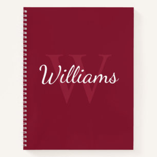 Cuaderno Monograma personalizado y nombre rojo borgoña