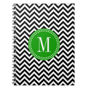 Cuaderno Monograma personalizado zigzag negro de Chevron y