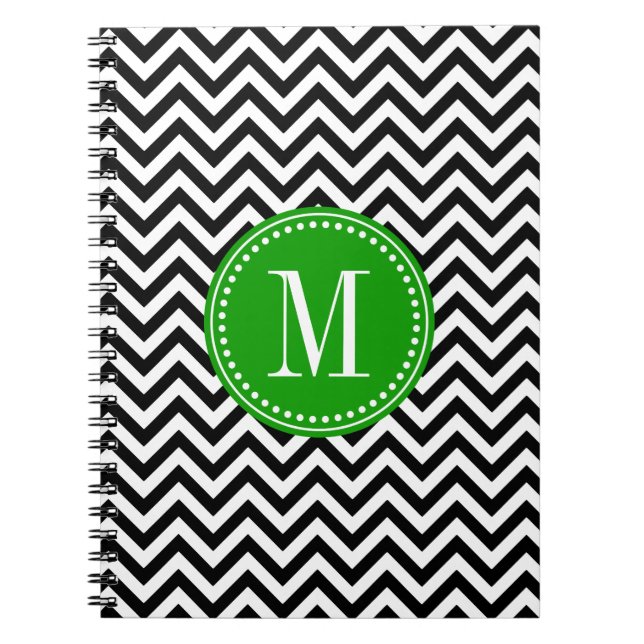 Cuaderno Monograma personalizado zigzag negro de Chevron y (Frente)