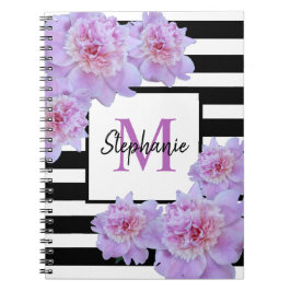 Cuaderno Monograma Pink Peony Flower Black Striple Purple