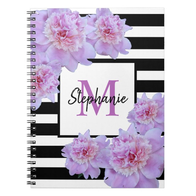 Cuaderno Monograma Pink Peony Flower Black Striple Purple (Frente)