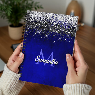 Cuaderno Monograma plateado azul real lindo falso brillo