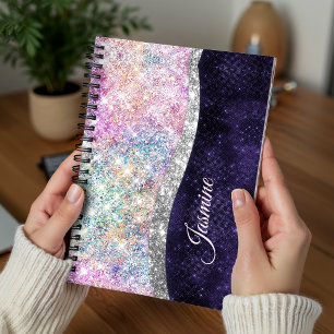 Cuaderno monograma plateado púrpura iridiscente falso brill