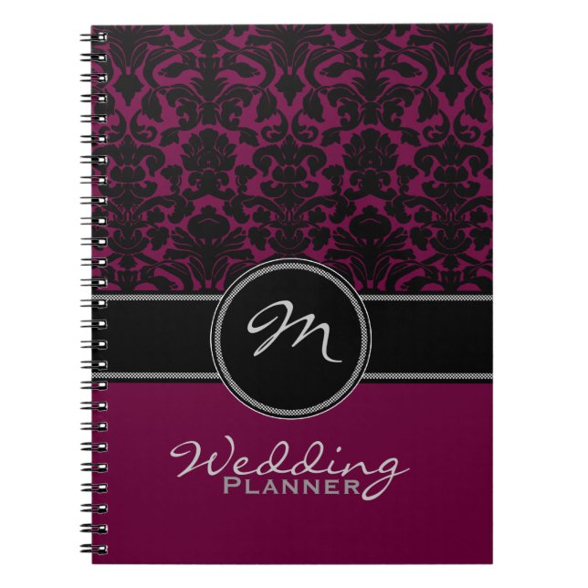 Cuaderno Monograma Plum Negro Blanco Damask Planner (Frente)