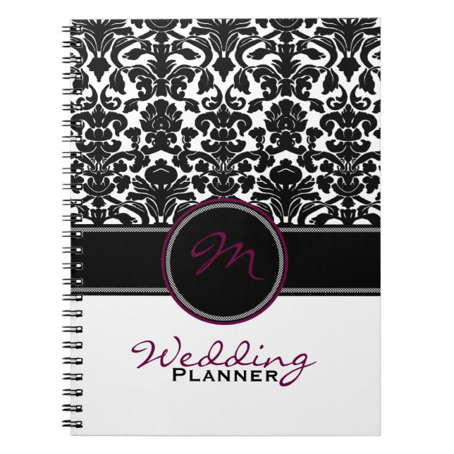 Cuaderno Monograma Plum Negro Blanco Damask Planner (Frente)