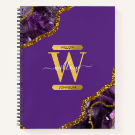 Cuaderno Monograma Purpurina de Geode de Agate Purple & Gol