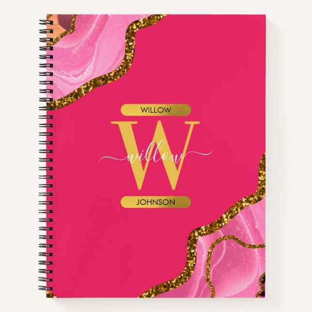 Cuaderno Monograma Purpurina de Geode de Agate Rosado y Oro (Anverso)