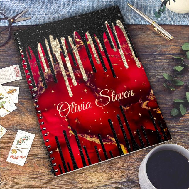 Cuaderno monograma purpurina de goteo negro rojo de moda (Subido por el creador)