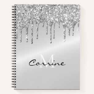 Cuaderno Monograma Purpurina de goteo plateado Platino metá