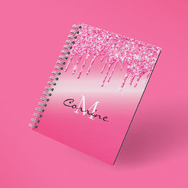 Cuaderno Monograma Purpurina de goteo rosado caliente metál