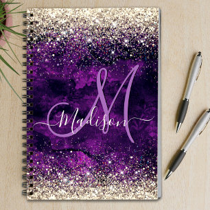 Cuaderno Monograma purpurina de imitación de oro morado osc