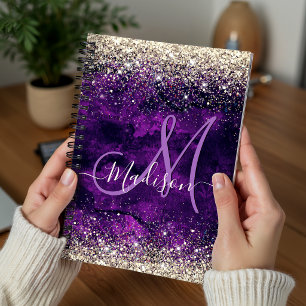Cuaderno Monograma purpurina de imitación de oro morado osc