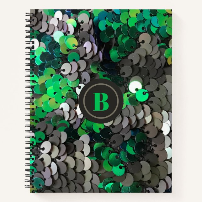 Cuaderno Monograma purpurina gris secuelas verdes brillante (Anverso)