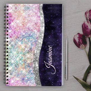 Cuaderno monograma purpurina iridiscente de imitación de pl