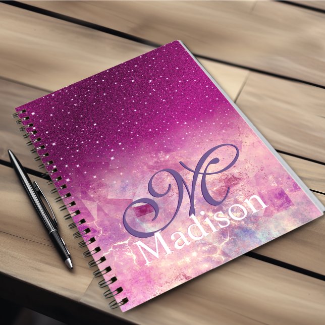 Cuaderno monograma purpurina oscuro con fucsia rosa brillan (Subido por el creador)