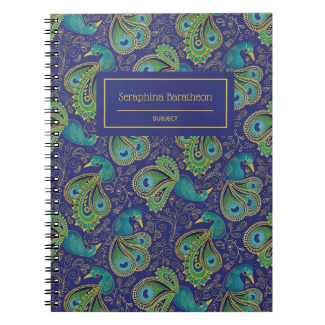 Cuaderno Monograma Real Azul de Paisley de Pavo Real (Frente)