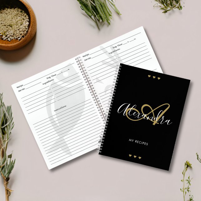 Cuaderno Monograma Receta de Nombre de Guión Elegante de Or (monogram recipe notebook)