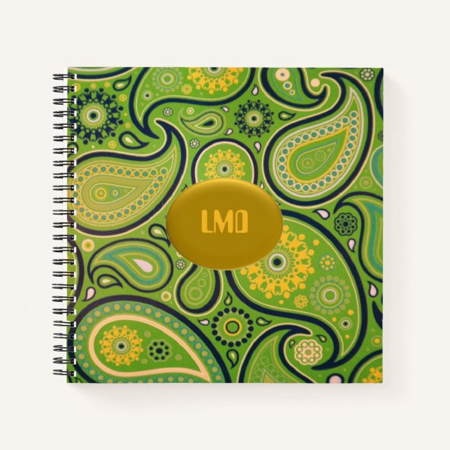 Cuaderno Monograma retro verde y paisley amarilla (Anverso)