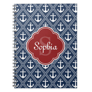 Cuaderno Monograma rojo del patrón de ancla azul