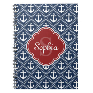 Cuaderno Monograma rojo del patrón de ancla azul